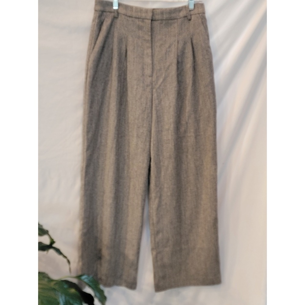 H&M Womens Grey Herringbone Pleated Wide Leg Trousers High Waist Pants Sz 8